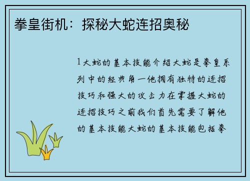 拳皇街机：探秘大蛇连招奥秘